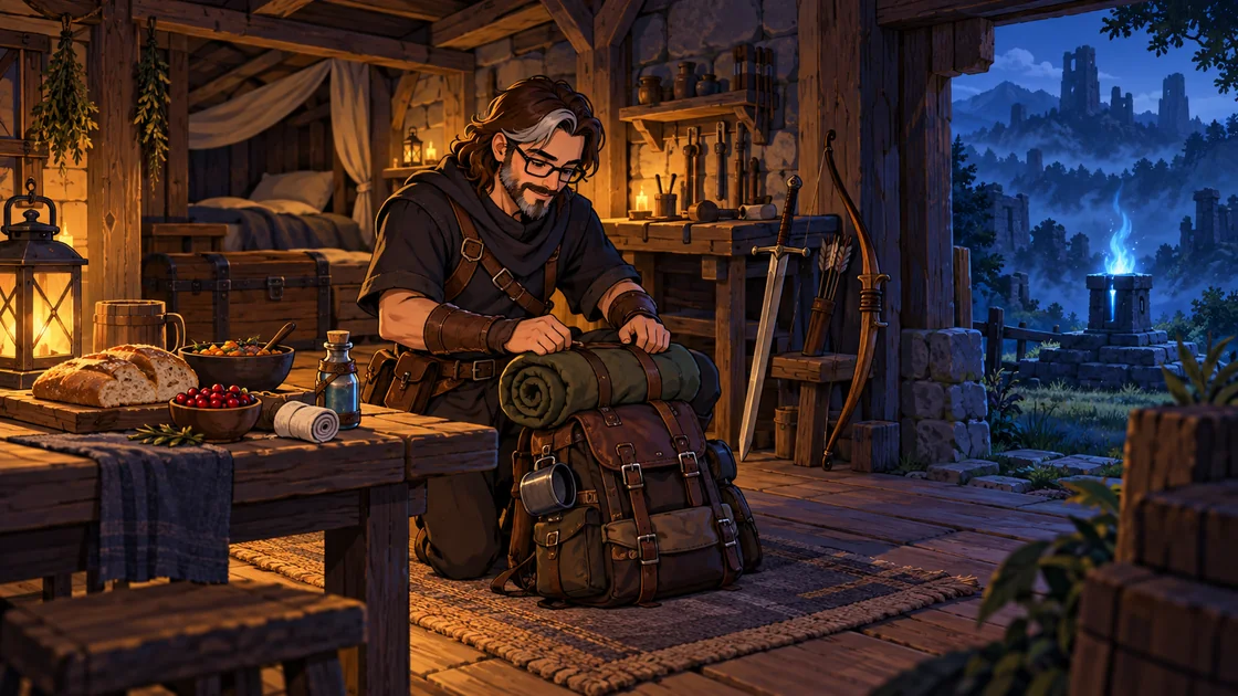 Illustration of an adventurer packing a backpack in a small cottage, with food, bandages and storage ready for the next trip.